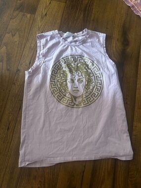 Versace Light Pink Sleeveless Tee with Gold Medusa Graphic